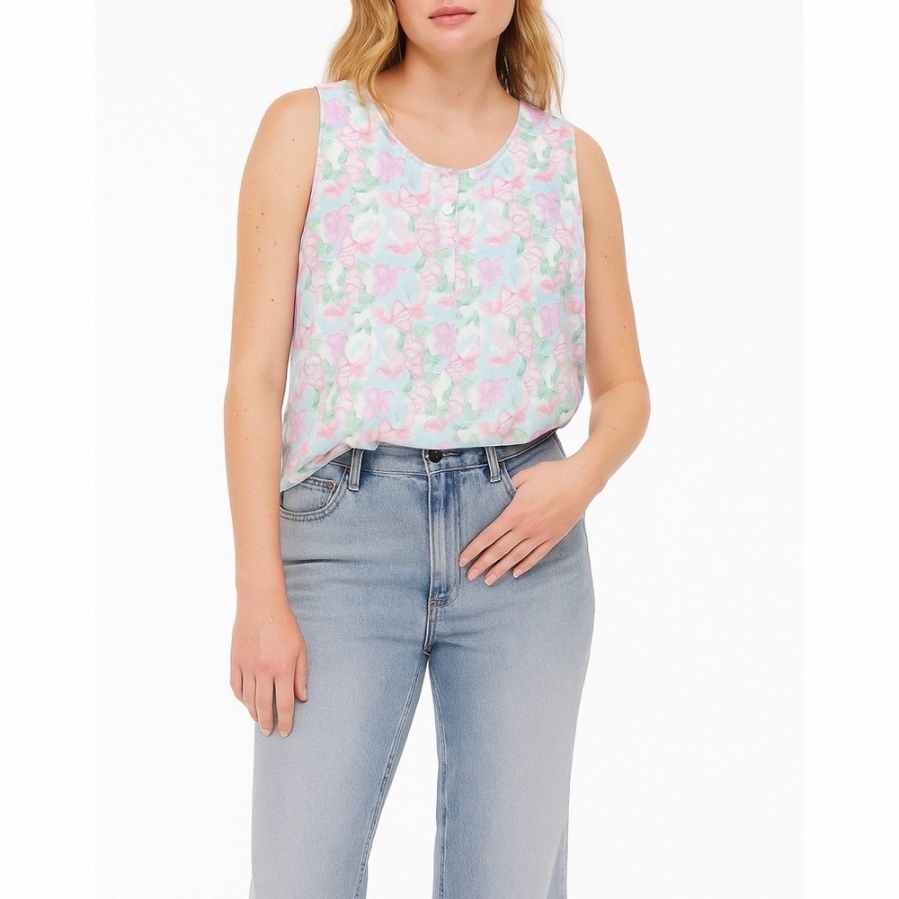 Vintage Pastel Floral Henley Pearl Of The Ocean Buttons Cottagecore Tank Top